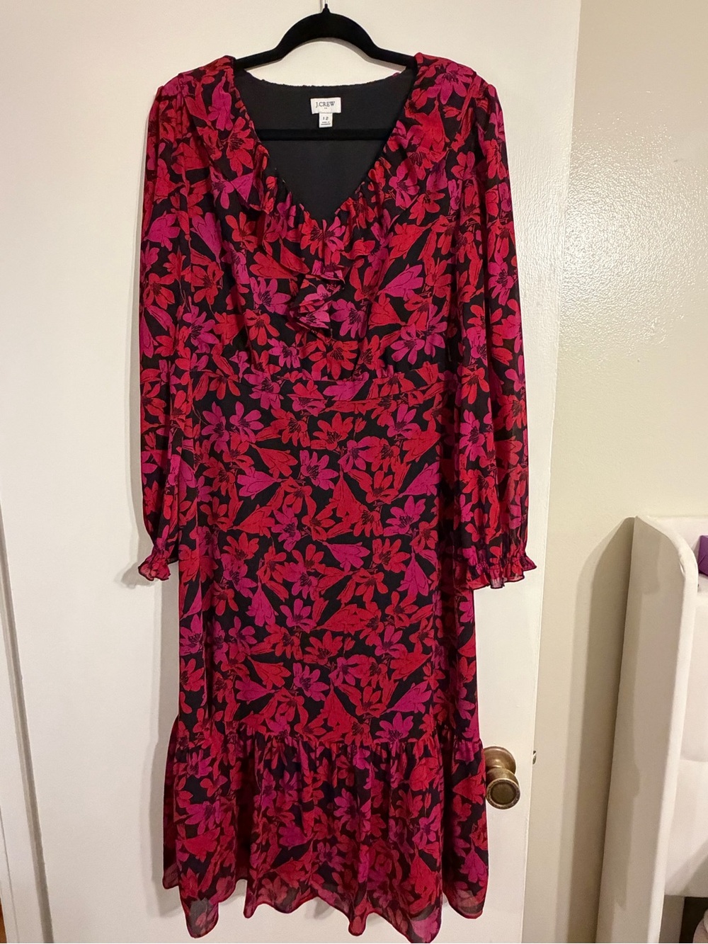J. Crew Red & Pink Floral Long Sleeve Midi Dress